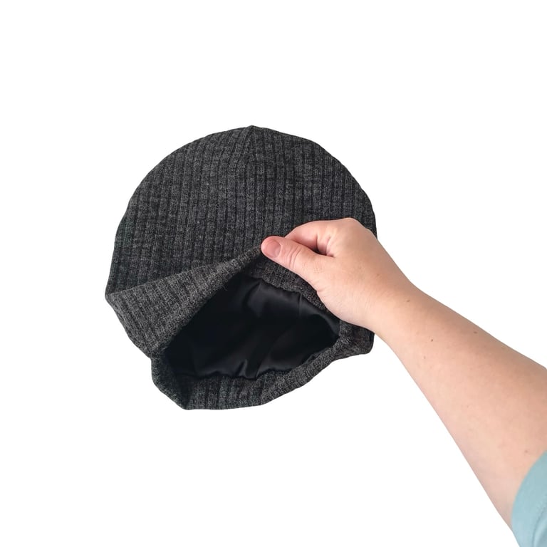 Charcoal knit fabric satin lined slouchy beanie hat Soft frizz free hair beanie 