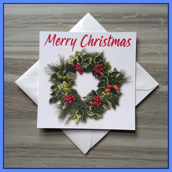 Christmas Wreath Card – Handmade Wreath Photo – Blank Inside