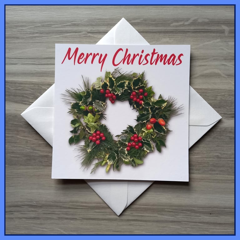 Christmas Wreath Card – Handmade Wreath Photo – Blank Inside