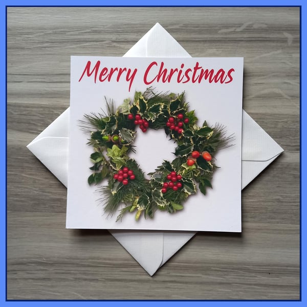 Christmas Wreath Card – Handmade Wreath Photo – Blank Inside