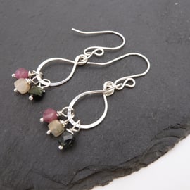 sterling silver earrings, multi tourmaline gemstones