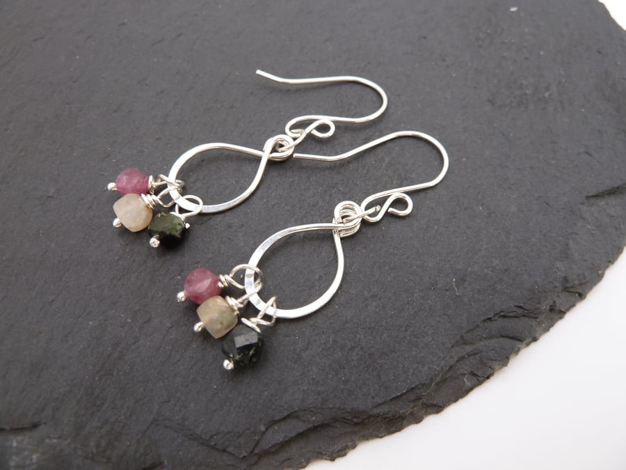 sterling silver earrings, multi tourmaline gemstones