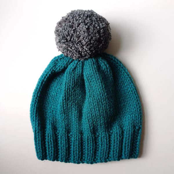 Bobble Hat in Petrol Green Chunky Yarn with Grey Pom Pom