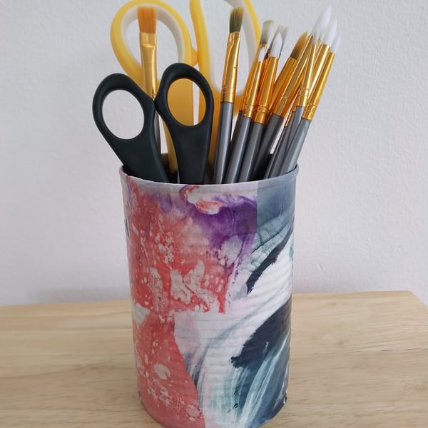 Upcycled Decoupaged Tin – Multicoloured Marble Storage Pot