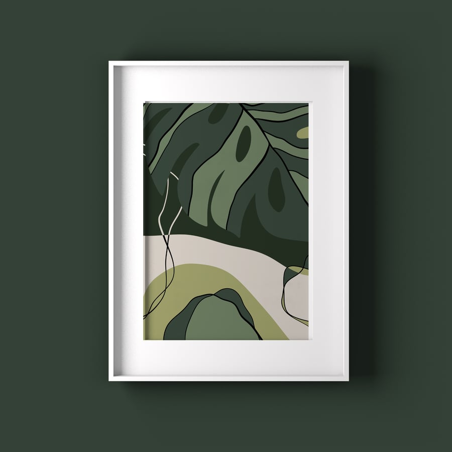 Abstract Monstera leaf print for lounge, Green foliage art print for hallway