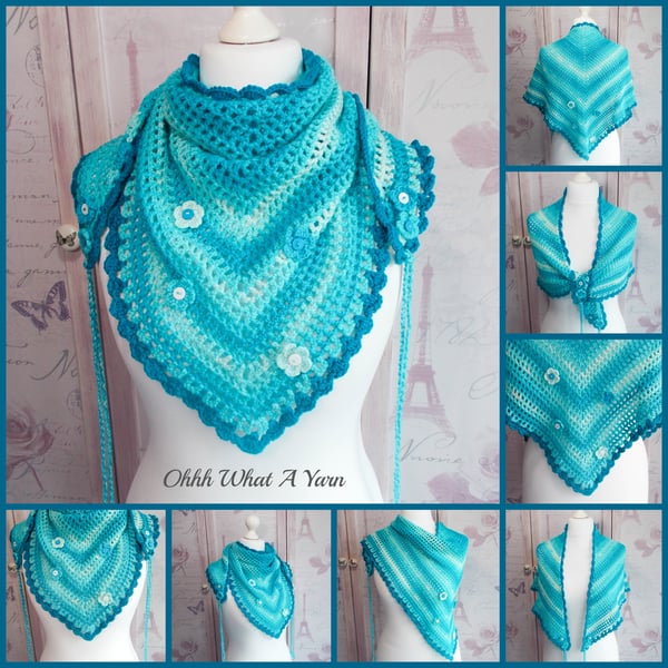 Crochet ladies turquoise ombre shawl, scarf, shawlette, wrap.