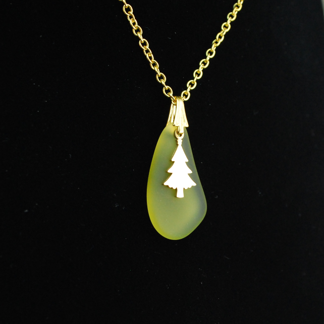 Light olive beach glass pendant with Christmas tree charm