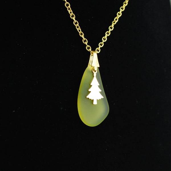 Light olive beach glass pendant with Christmas tree charm