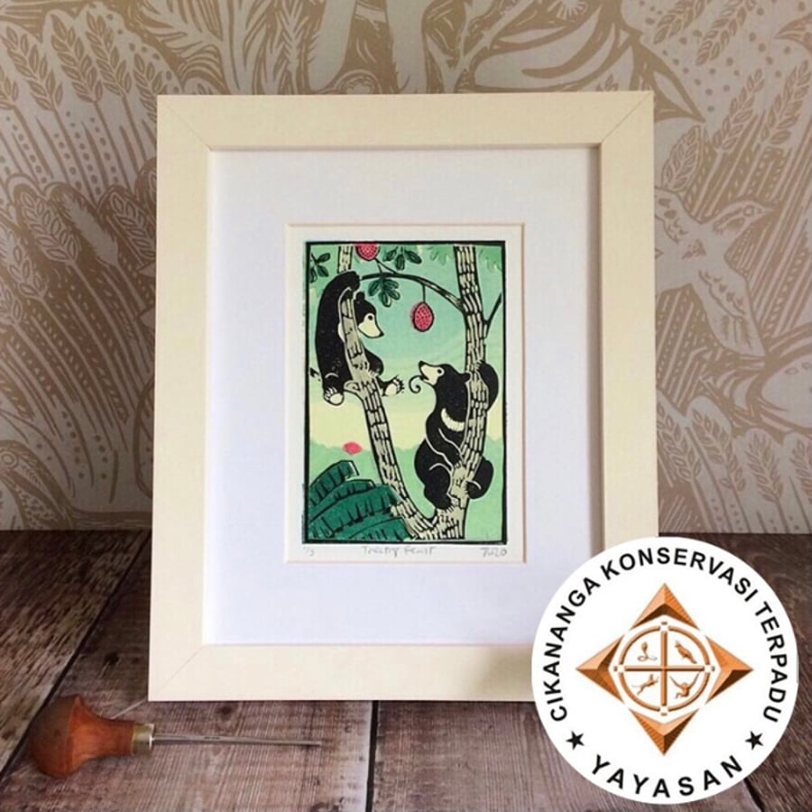 'Treetop Feast' Sun Bears Giclee Print (Lino Print Copy)
