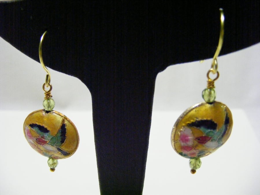 Yellow Cloisonne and Peridot Earrings