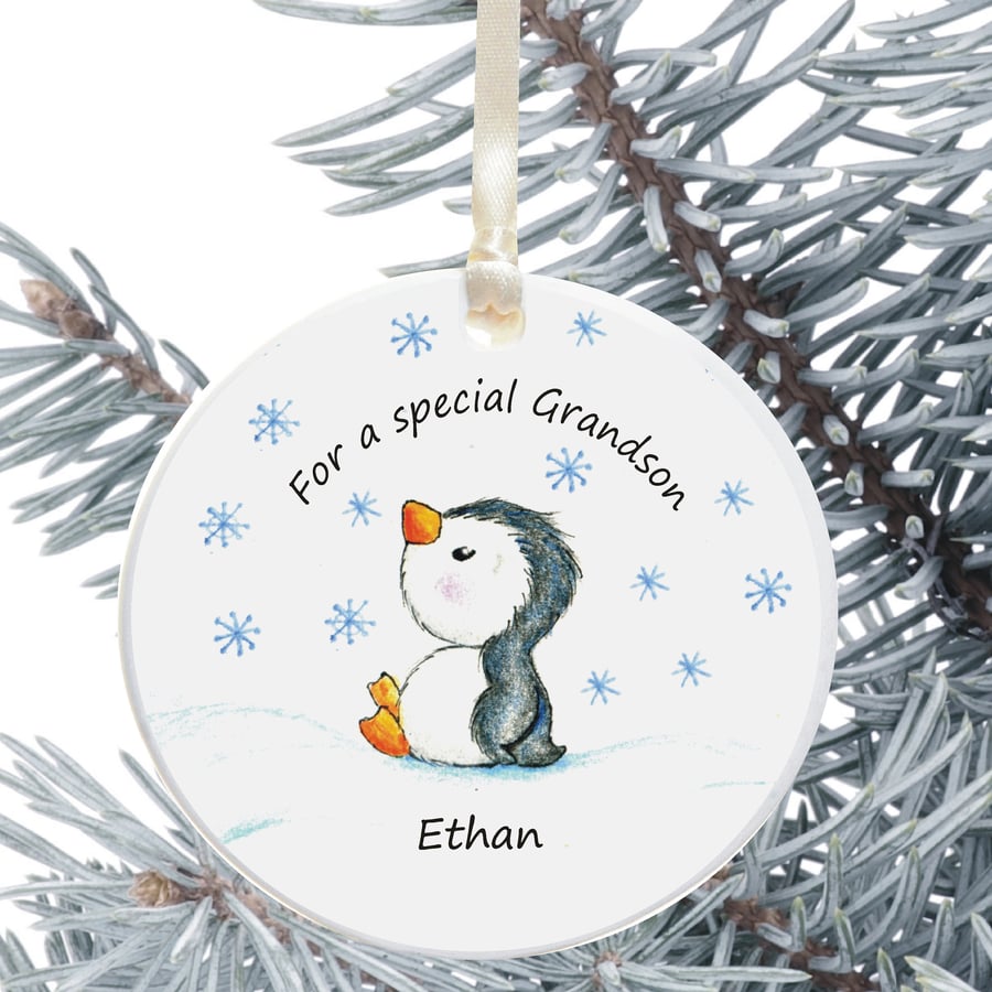 Personalised Grandson Penguin Christmas Tree Decoration - Ideal Grandparent Gift