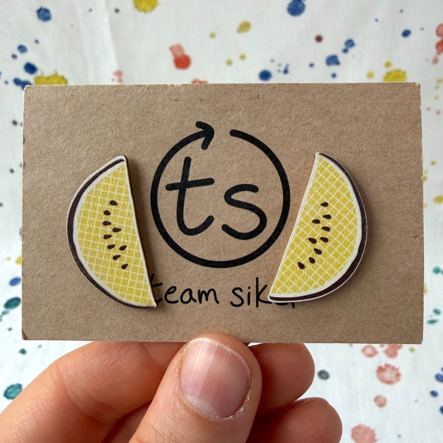 Upcycled Flat Wooden Melon Stud Earrings - Old Stock - Super Seconds