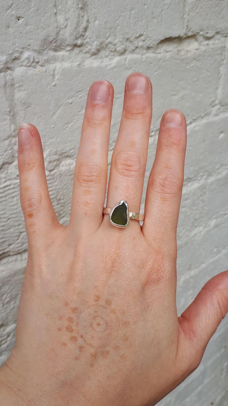 Dark olive green sea glass ring 