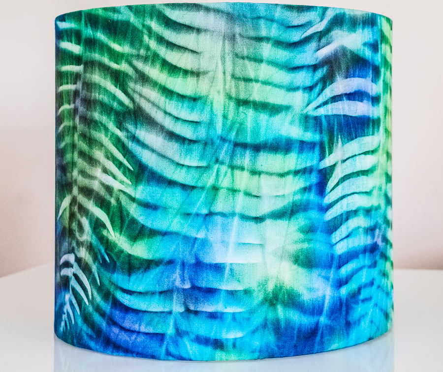 drum round lampshade Africa African sun printed hand-dyed ferns plants leaves   