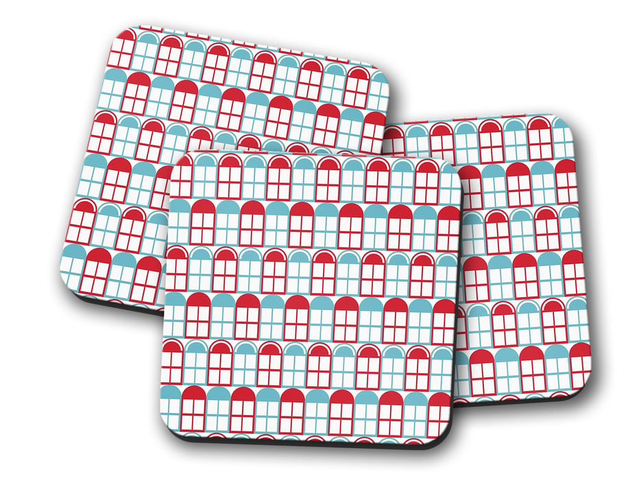 Set of 4 White with Red and Blue Windows Design Coasters