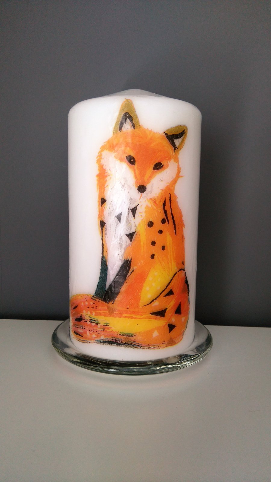 woodland fox decorated candle