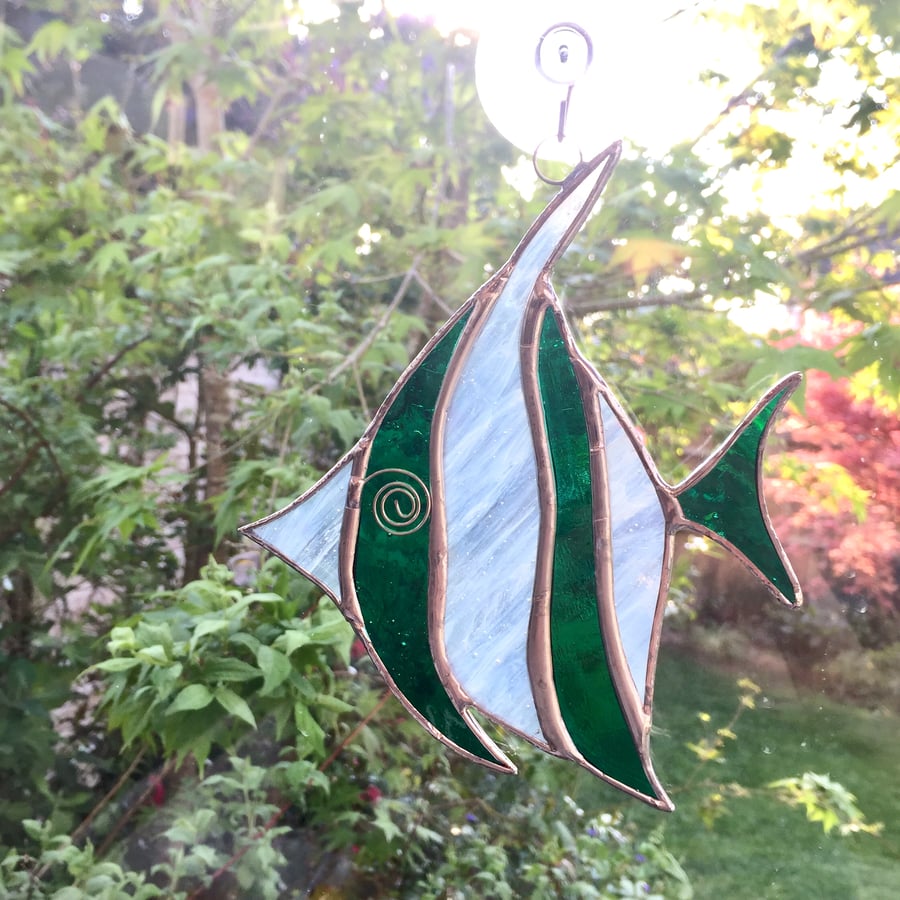 Stained Glass Angel Fish Suncatcher - Handmade Decoration - Green and White