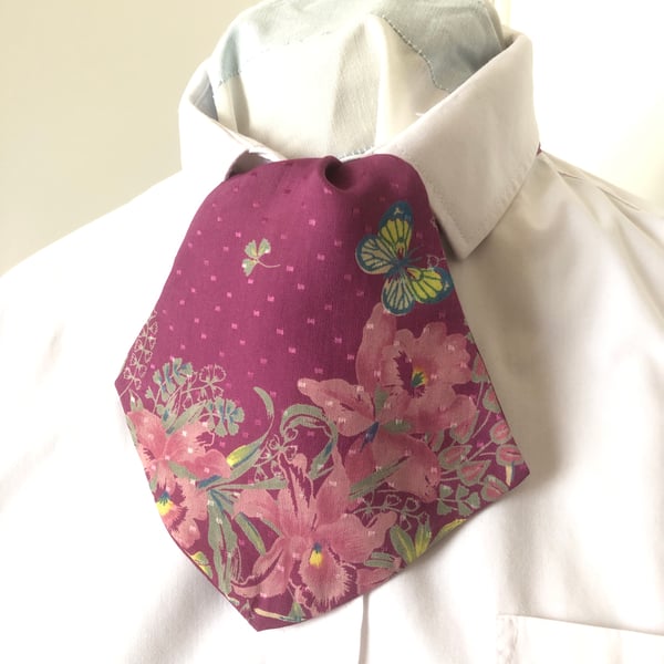 Cravat Tie Purple Floral and Butterfly Silky Fabric Hair Band Retro Style