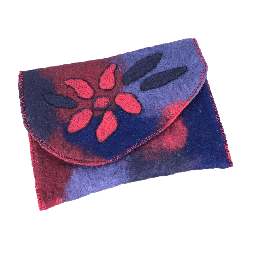 Felted pouch, passport holder, make up bag in red, blue and purple merino wool