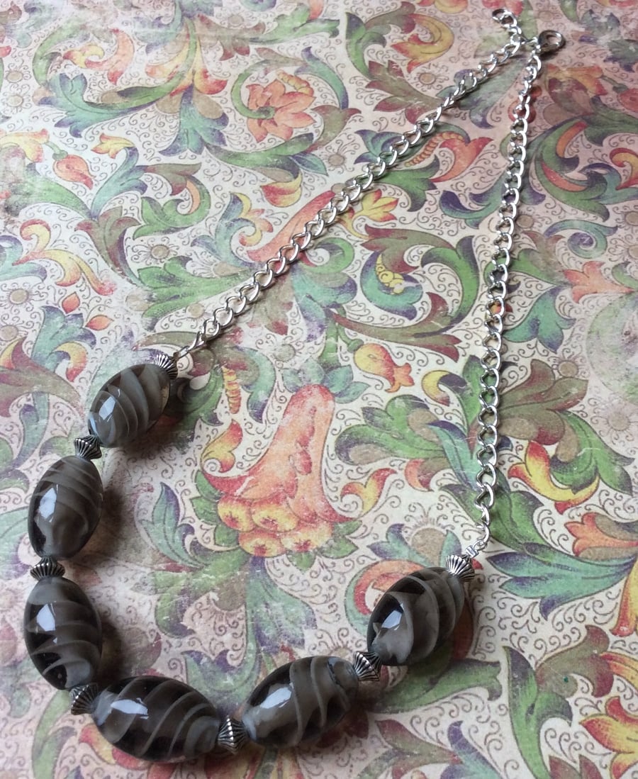 Dark Grey Glass Bead and Chain Necklace