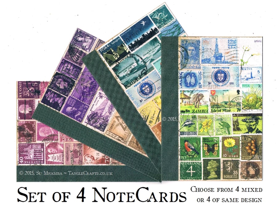 3rd Set of Blank Notecards - 4 Printed Designs, Postage Stamp Collage Art