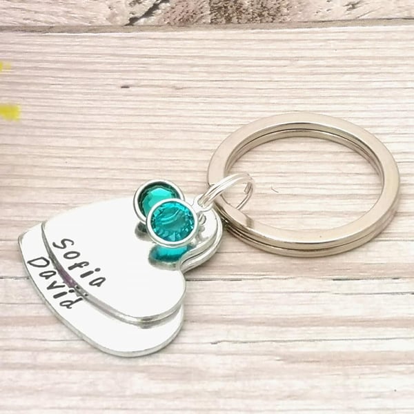 Personalised Two Heart Birthstone Keyring - Name Keychain - Gift For Mum Of Two