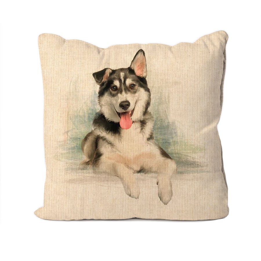 Handmade Siberian Husky Design Cushion-Linen. Size 40x40cm- (16"x16") CUS196