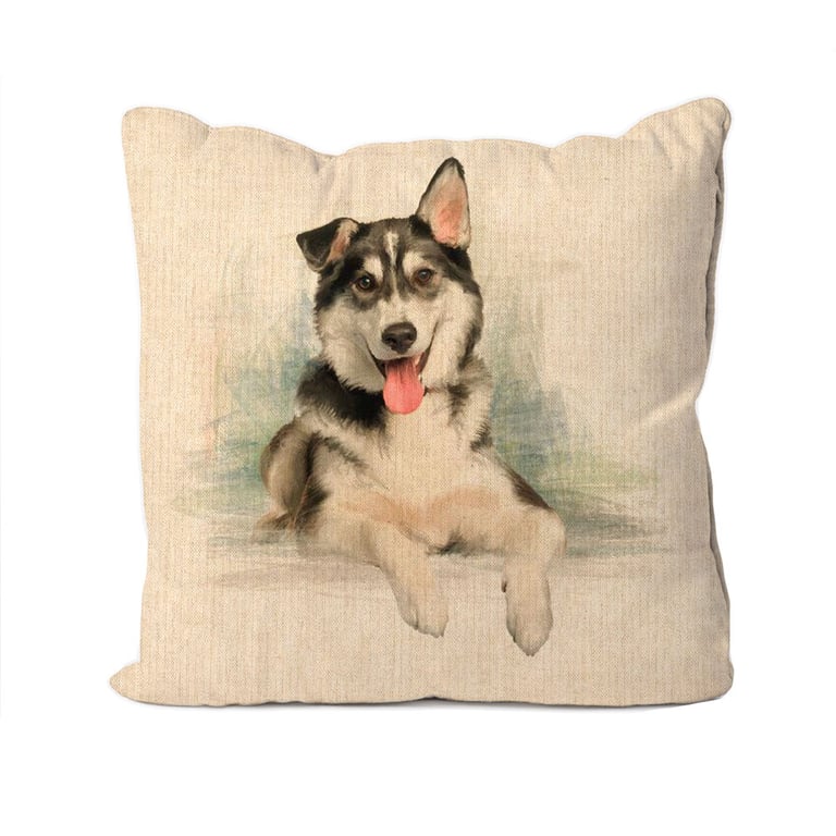 Handmade Siberian Husky Design Cushion-Linen. Size 40x40cm- (16"x16") CUS196