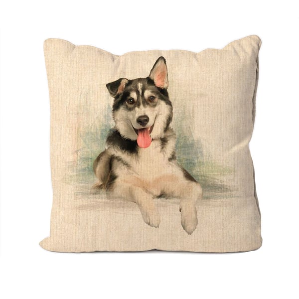 Handmade Siberian Husky Design Cushion-Linen. Size 40x40cm- (16"x16") CUS196
