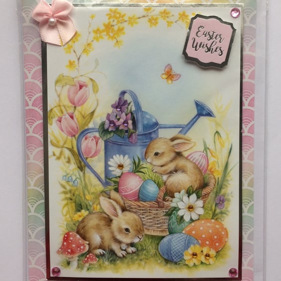 Easter Wishes Card Bunny Rabbits Basket of Eggs Pink Bow