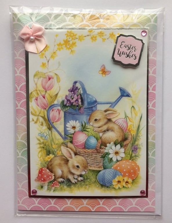 Easter Wishes Card Bunny Rabbits Basket of Eggs Pink Bow