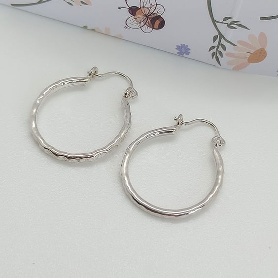 Sterling silver Hoop earrings with a dashed pattern handmade for pierced ears