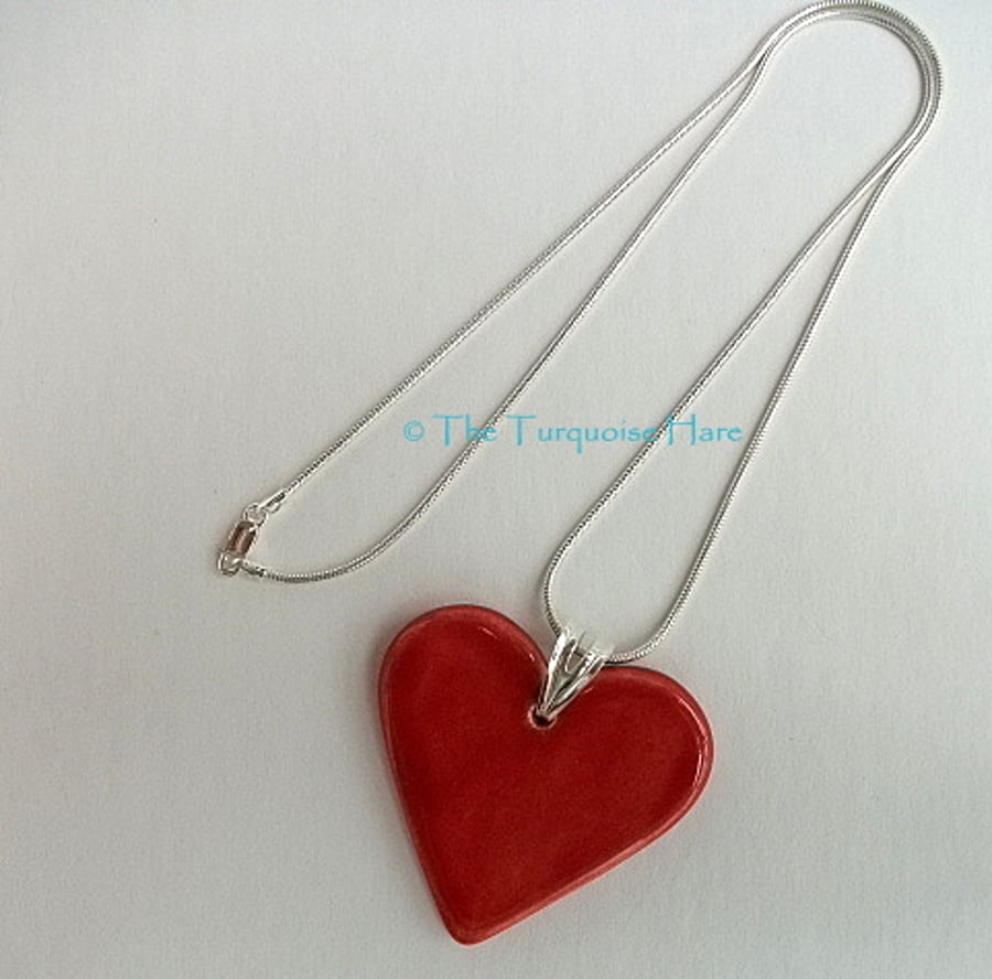 Ceramic red heart pendant necklace - sterling silver
