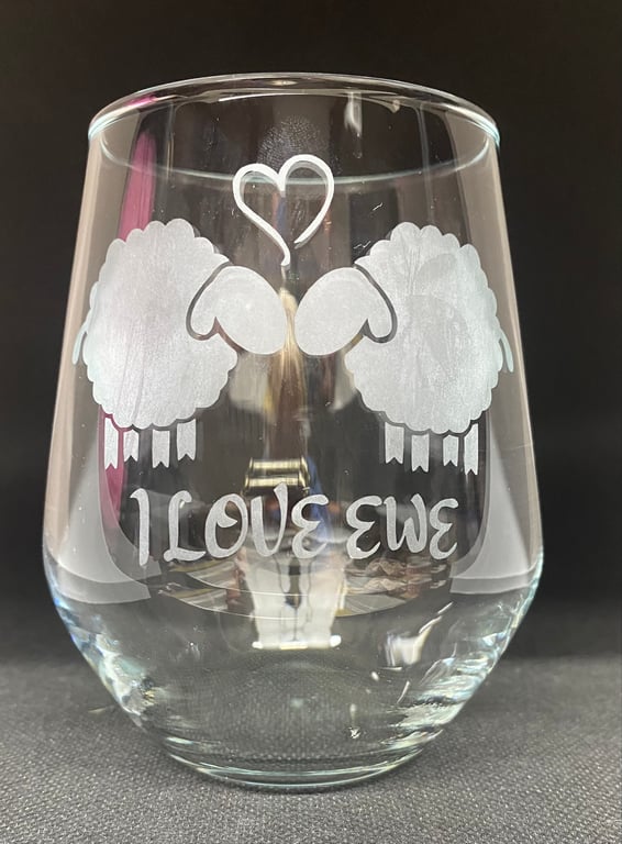 Hand Etched Glass, I Love Ewe, Sheep
