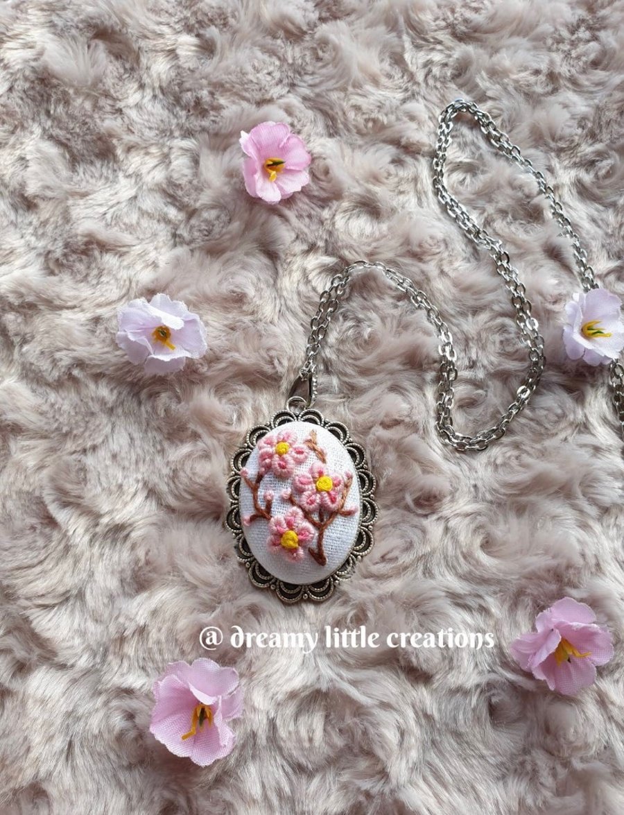 Floral embroidered necklace.Floral Necklaces.Embroidered Necklaces.cherry blosso