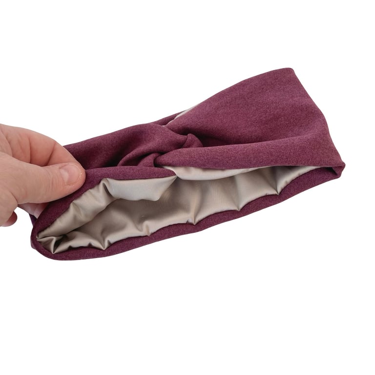 Plum Satin Lined Twist Headband, Frizz Free Hair Brushed Knit Jersey Headwrap