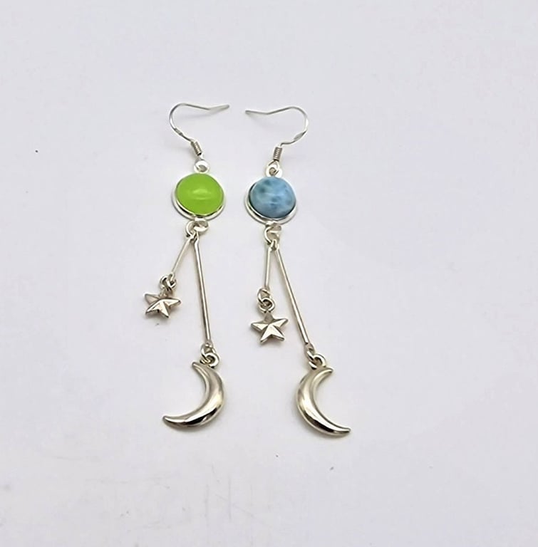 Jade and Larimar Gemstone Earrings Crescent Moon and Star, Sterling Silver