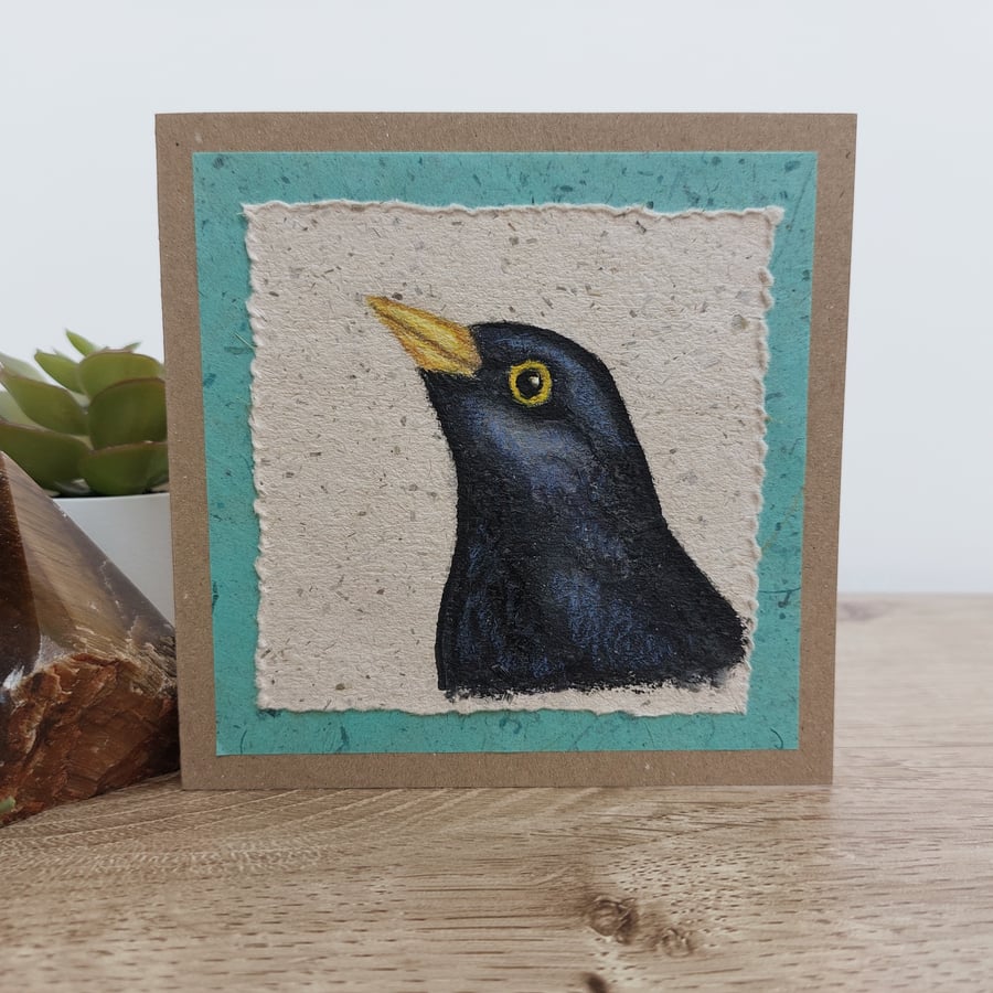 Hand Drawn Blackbird Greetings Card. Unique Blank Card for Nature Lovers.