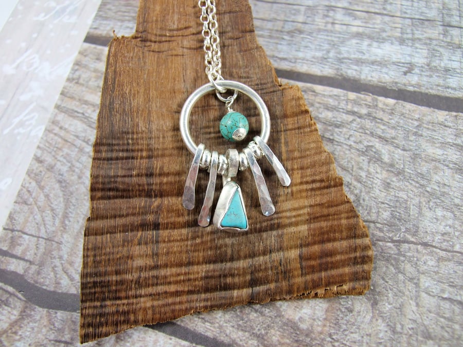 Necklace Sterling Silver and Turquoise BoHo Pendant, Hallmarked
