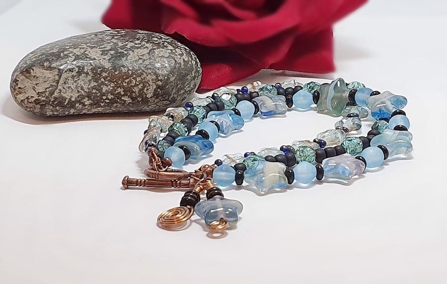 Bohemian Czech glass star and bead bracelet in blue tones 