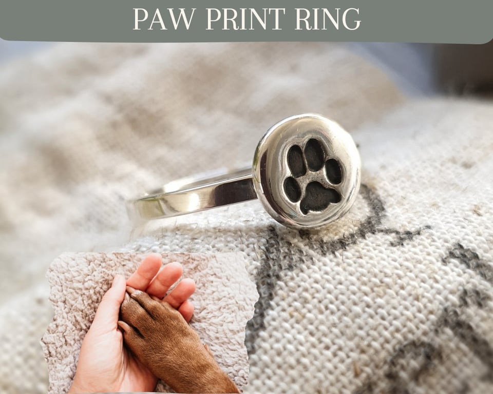Sterling Silver Dog Paw Print Ring: Personalised Pet Memorial Jewellery