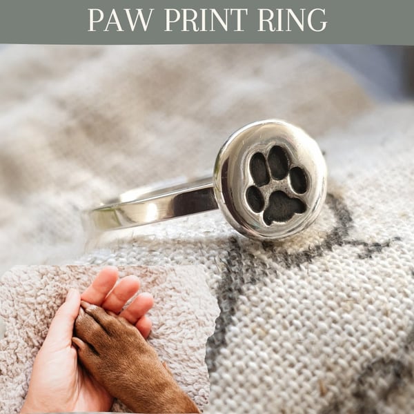 Sterling Silver Dog Paw Print Ring: Personalised Pet Memorial Jewellery