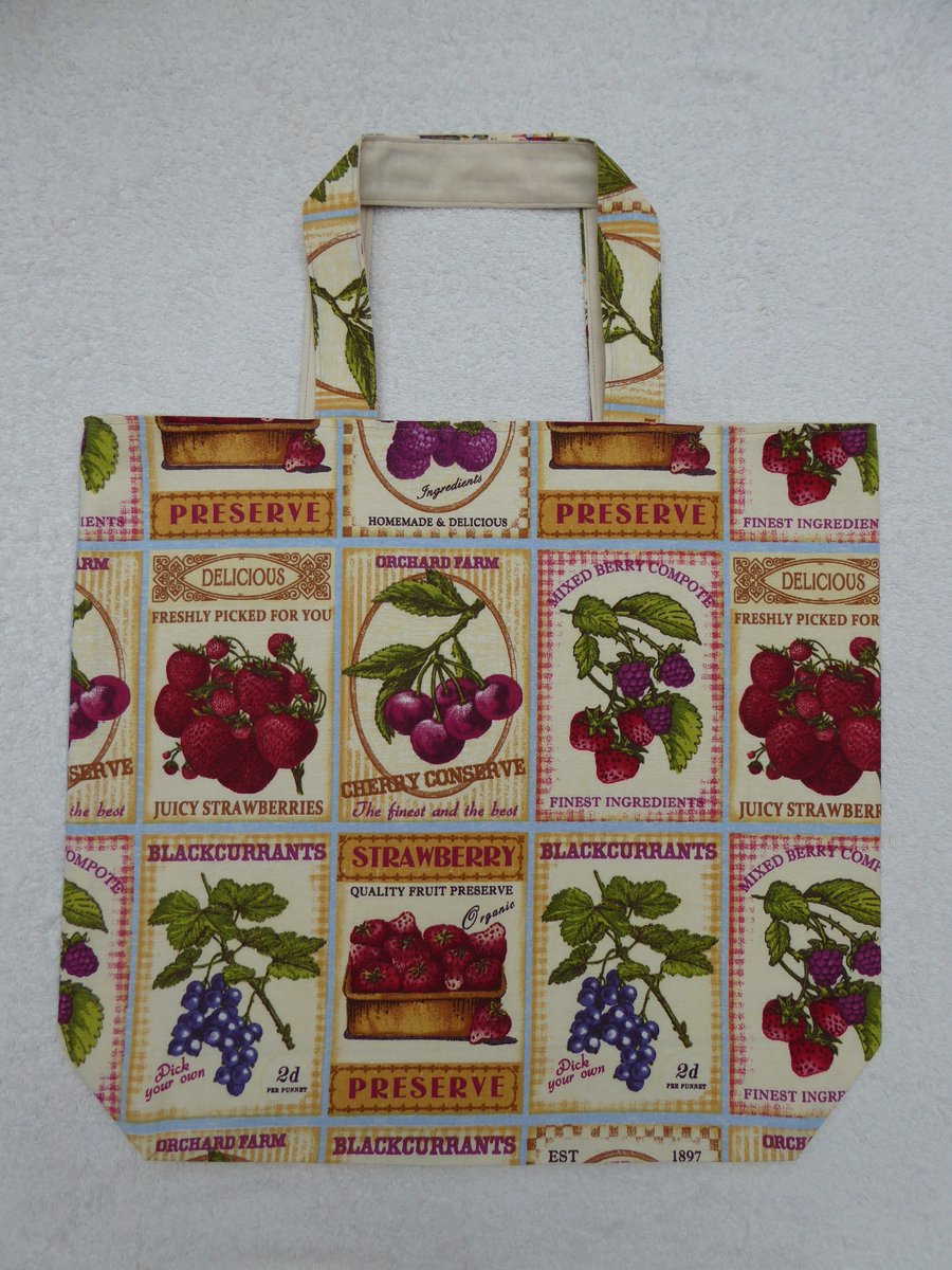 Fruit Labels Print Bag. Shopping Tote. Fully Lined with Inside Pocket.