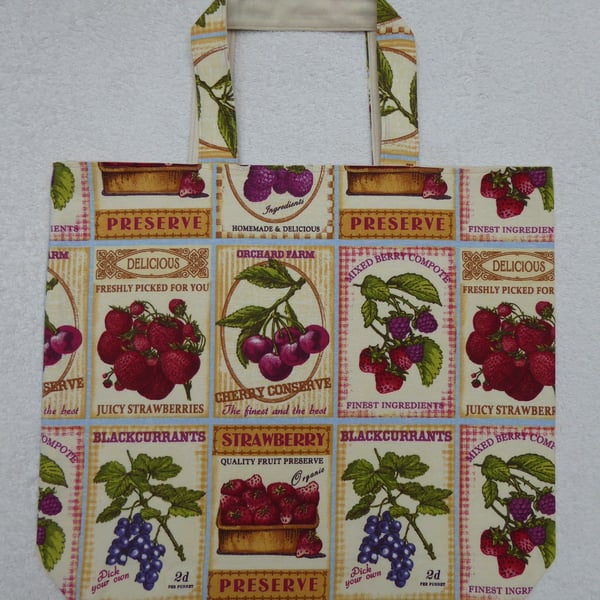 Fruit Labels Print Bag. Shopping Tote. Fully Lined with Inside Pocket.