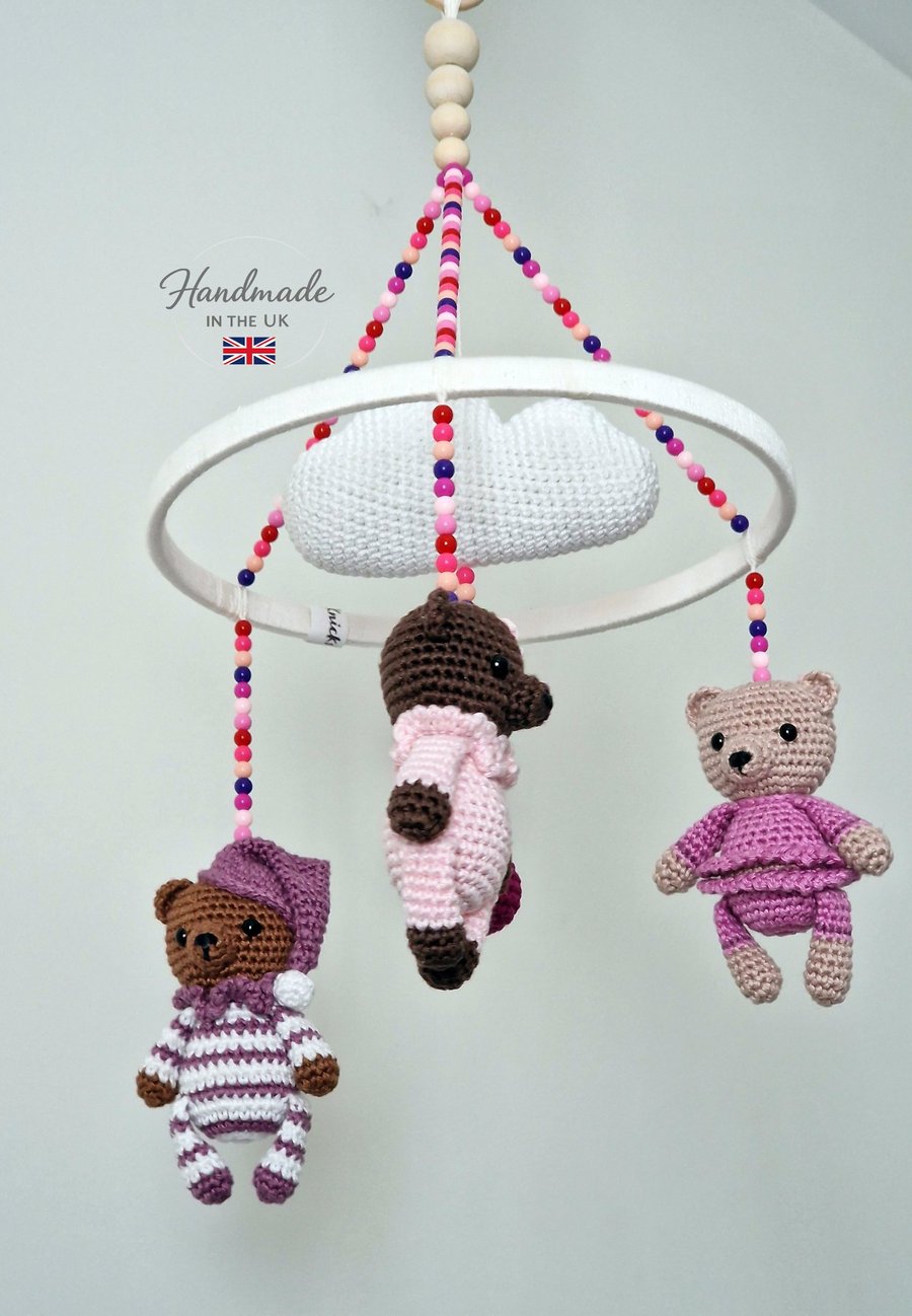 Teddy Bear Baby Mobile, Handmade Crochet Nursery Decor, Newborn Keepsake Gift