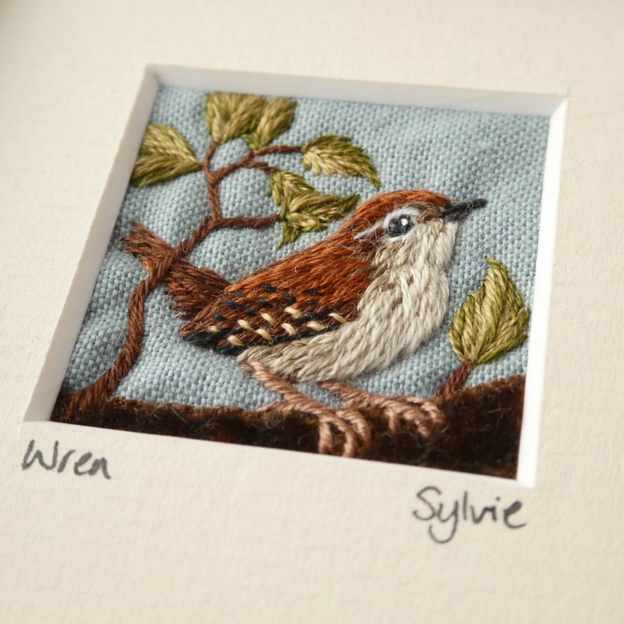 Wren on a log - hand-stitched textile picture