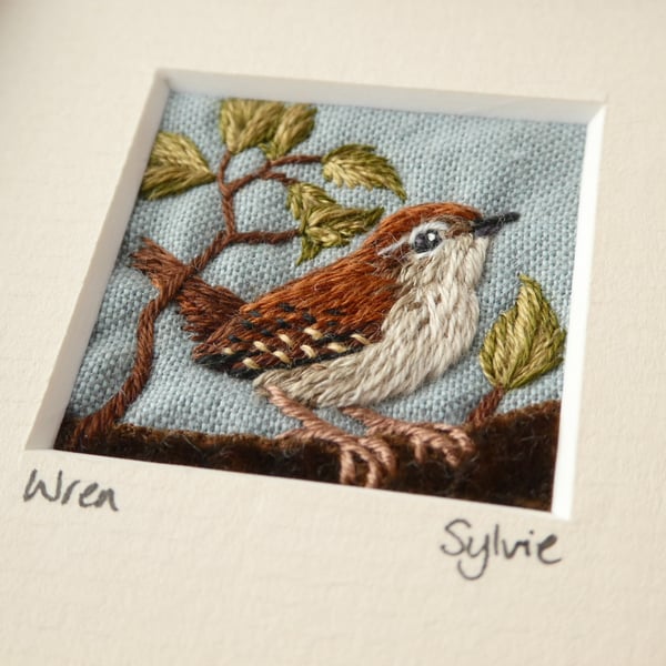 Wren on a log - hand-stitched textile picture