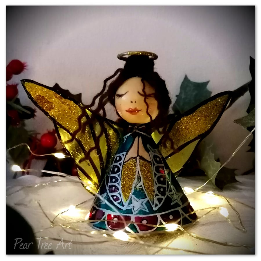Small: Tin Angel Christmas Tree decoration (Turquoise and dark pink ) 