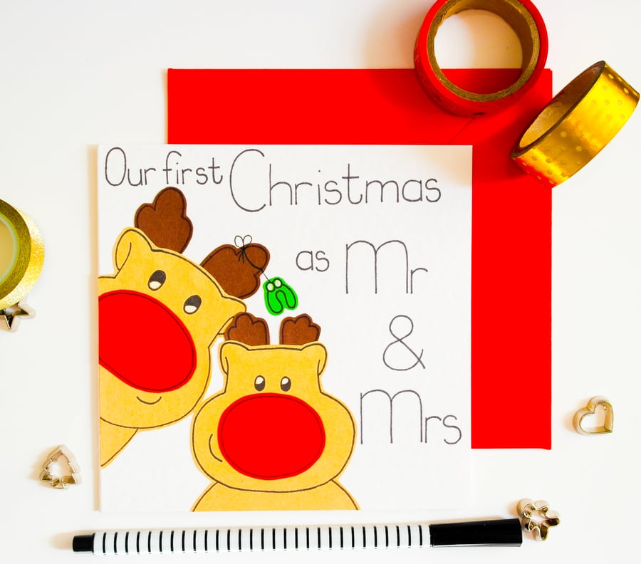 First Christmas As Mr And Mrs Reindeer Handmade Christmas Card For Husband, Wife