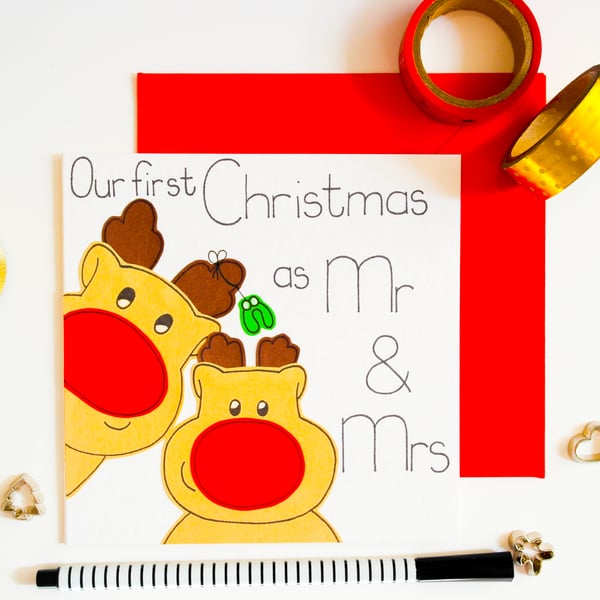 First Christmas As Mr And Mrs Reindeer Handmade Christmas Card For Husband, Wife